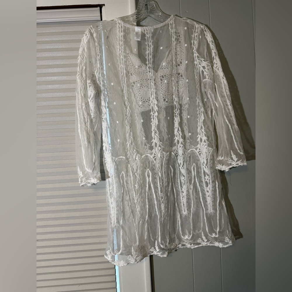 Kaktus White Lace Swim Cover Up Tunic Boho Beach Resort Size Small - Picture 3 of 4